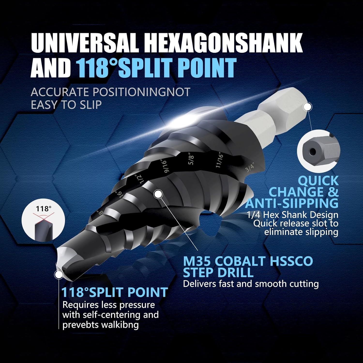 Pro Max – Broca escalonada de cobalto con cuatro flautas en espiral de 14 a 34 pulgadas, lista para impactos, para metal, acero inoxidable,