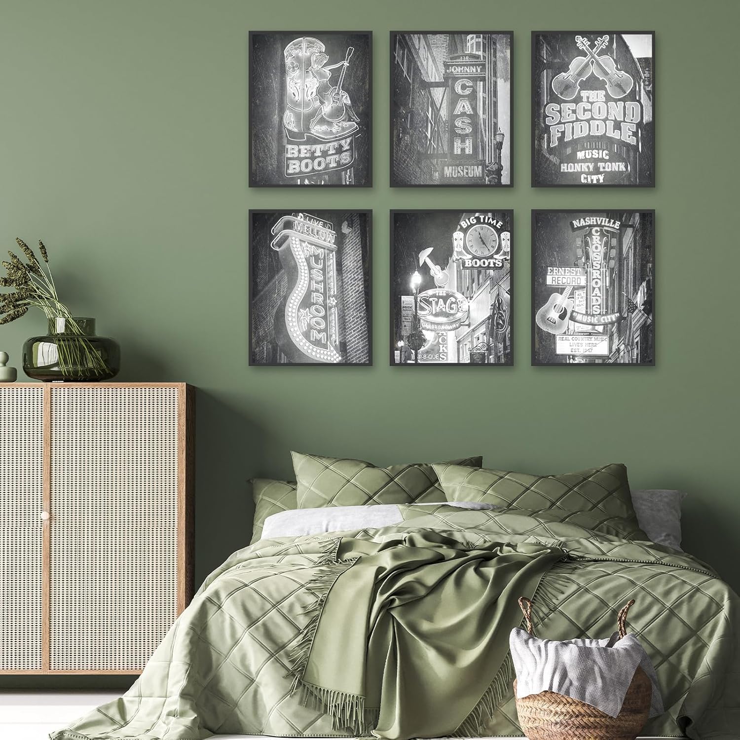 Póster vintage de Nashville para pared, diseño retro en blanco y negro de Nashville, Tennessee, música country, guitarra, arte del centro, lienzo