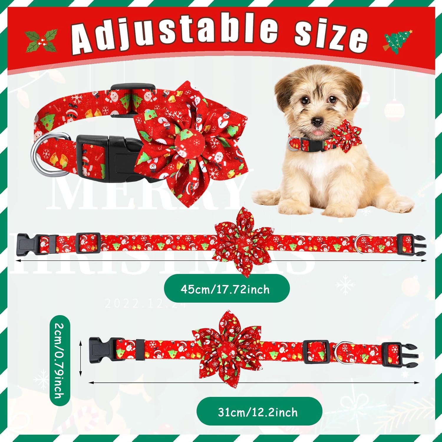 6 collares de Navidad para perro con flor, collar de Navidad para perro con hebilla de plástico floral extraíble, collares de Navidad ajustables