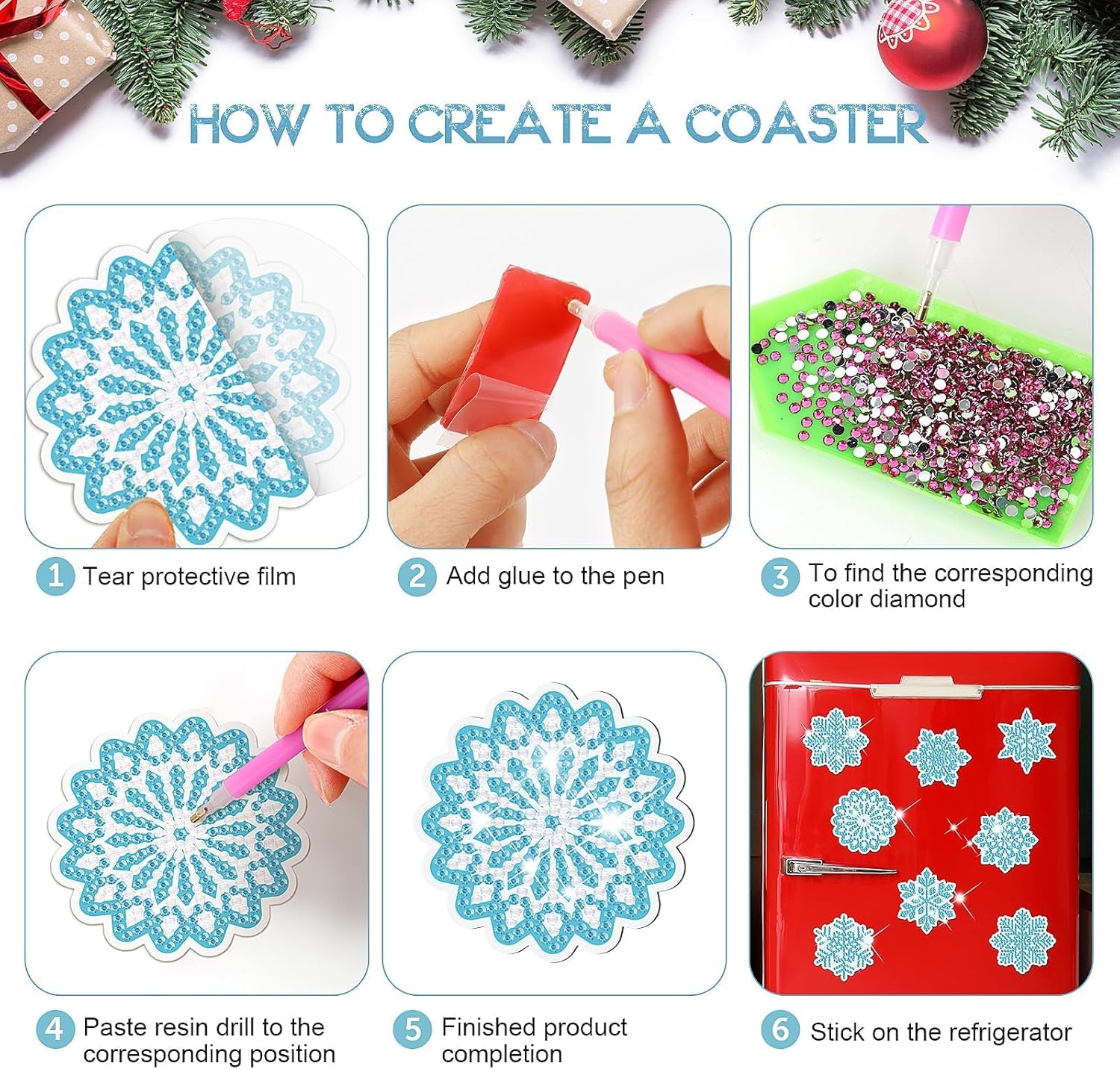 16 piezas de Navidad Wniter copo de nieve pintura de diamante imán de nevera de copo de nieve imán de nevera DIY pintura de diamante kit de arte de