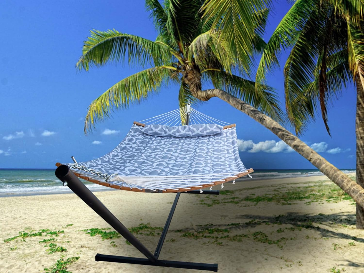 Hamaca doble para 2 personas con soporte de acero portátil de 12 pies y barras esparcidoras curvadas de bambú, almohada desmontable, cama de tela