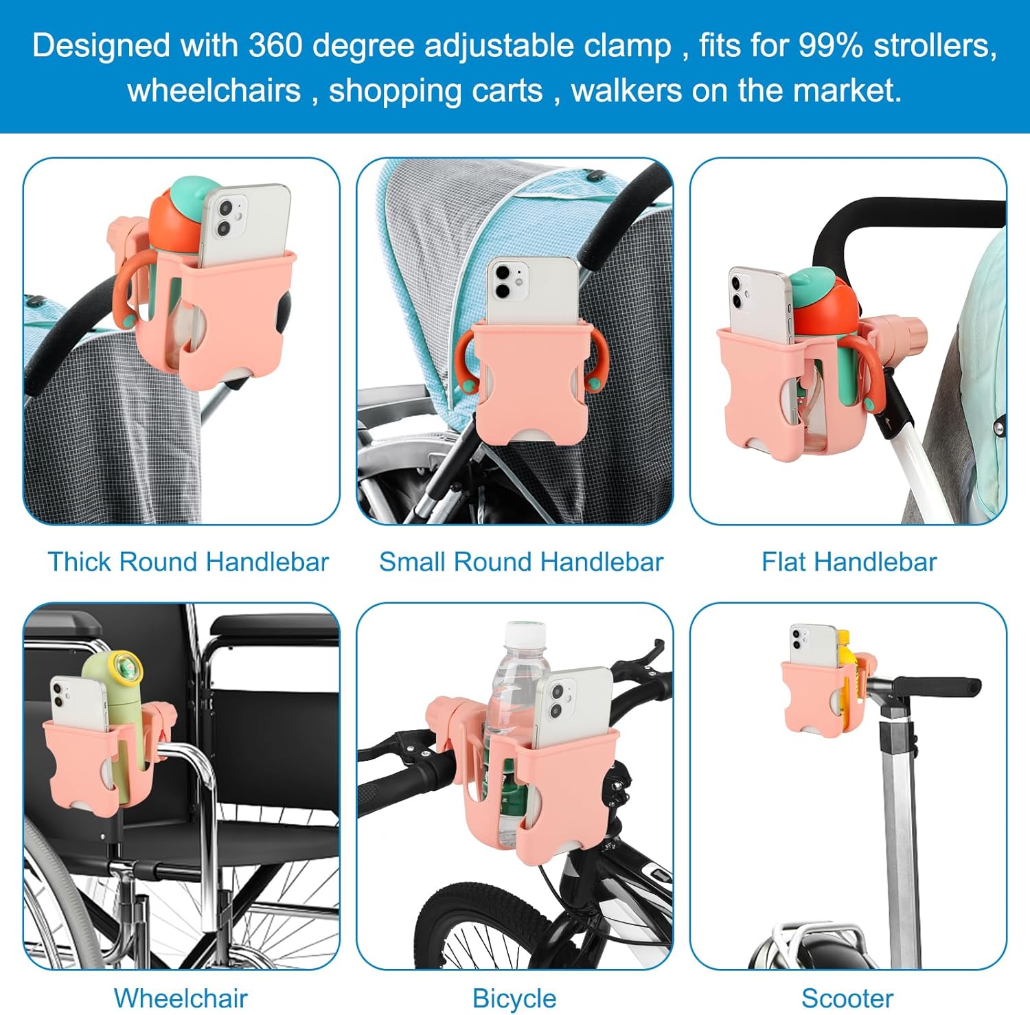 Accmor Portavasos 2 en 1 para cochecito con soporte para teléfono, portavasos para bicicleta, soporte universal para teléfono para cochecito,