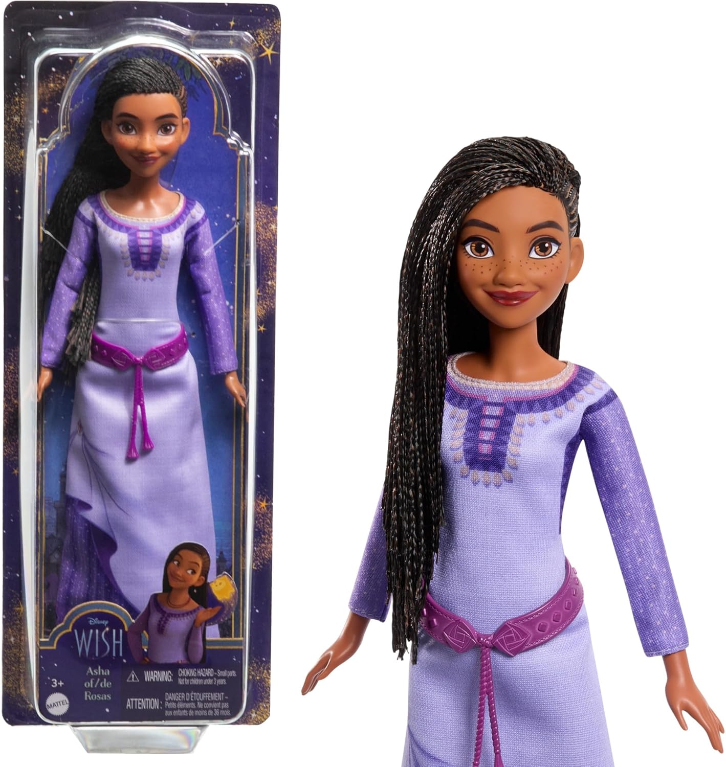 Mattel Disney Wish Asha of Rosas – Muñeca de moda posable con cabello natural, incluye ropa, zapatos y accesorios extraíbles