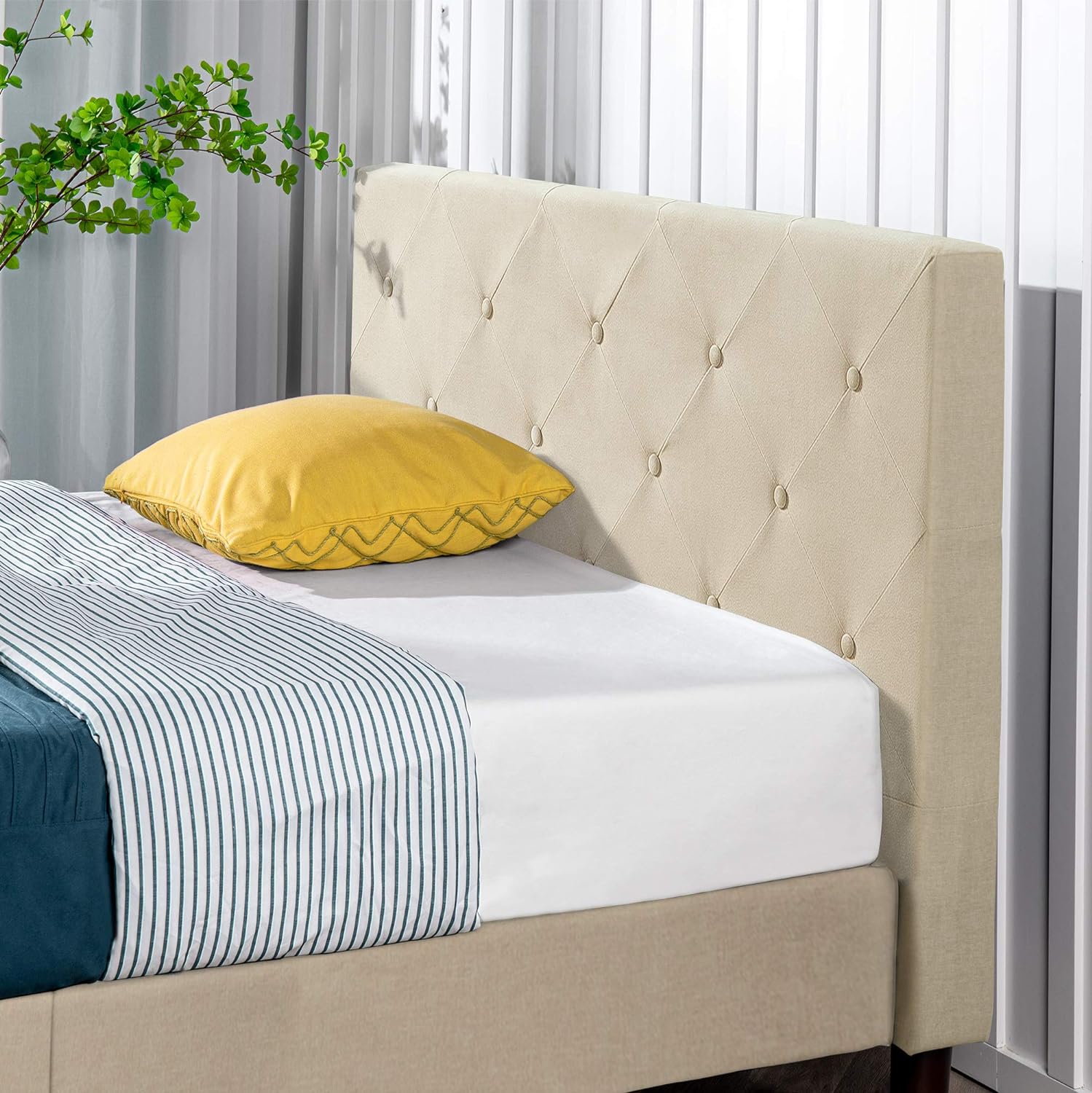 ZINUS Shalini – Base de cama tapizada con plataforma, base de colchón, soporte de listones de madera, no necesita somier, fácil montaje, color