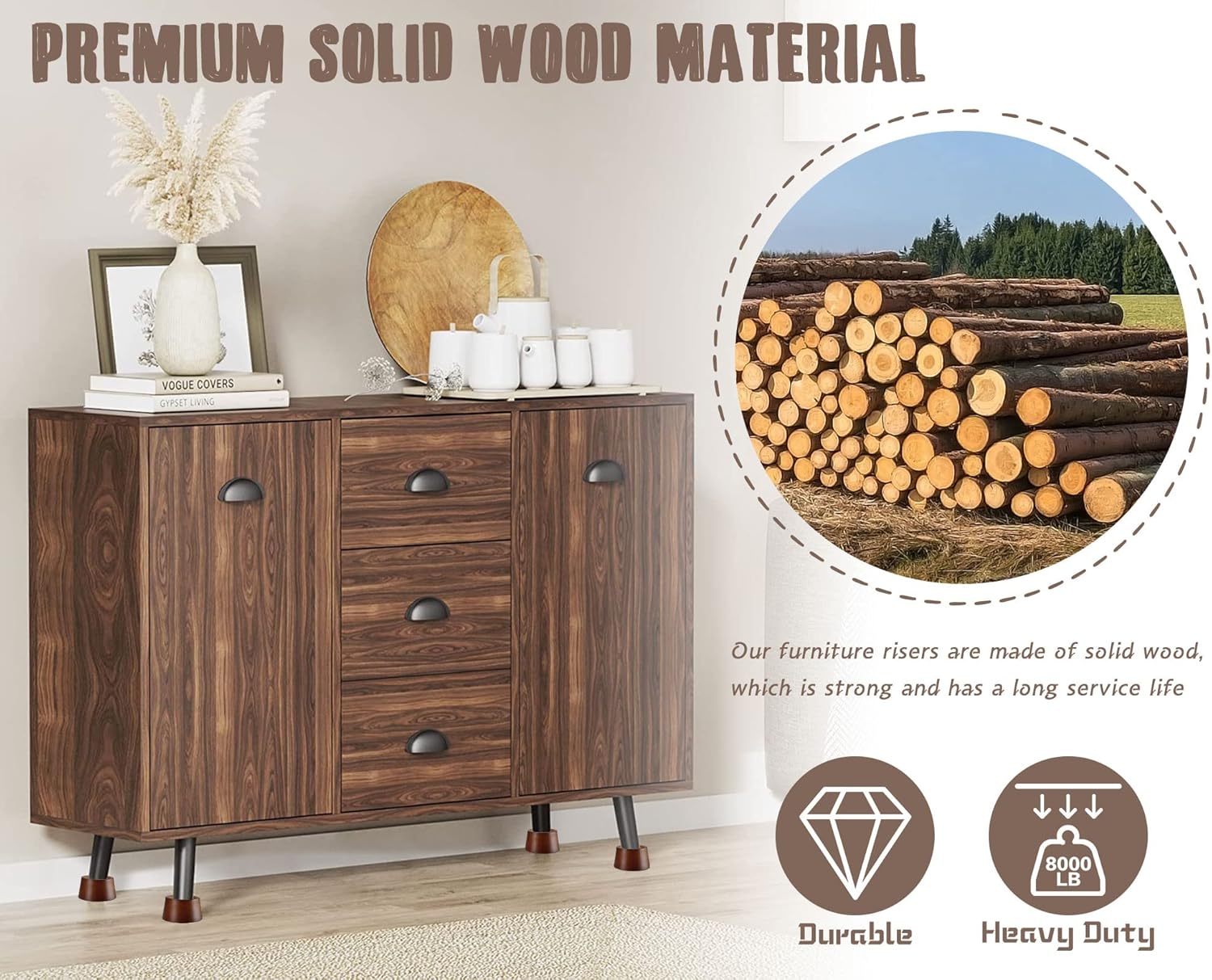 Bloques elevadores de madera para muebles de cama, juego de 4 elevadores de cama de 3 pulgadas, elevadores redondos de madera maciza resistentes que