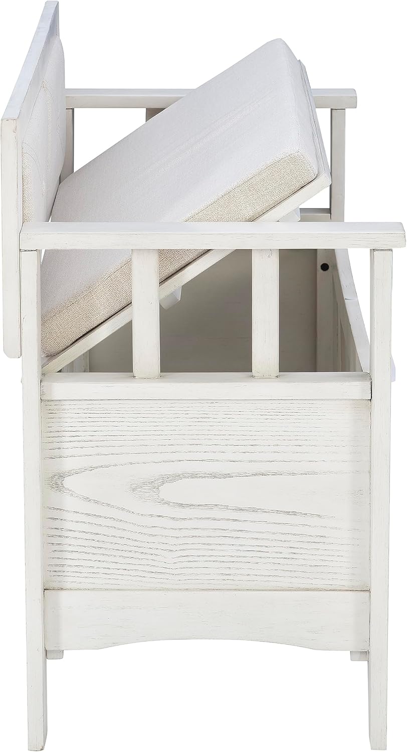 Linon Carlton – Banco de almacenamiento blanco con respaldo tapizado beige y asiento acolchado, gris ahumado