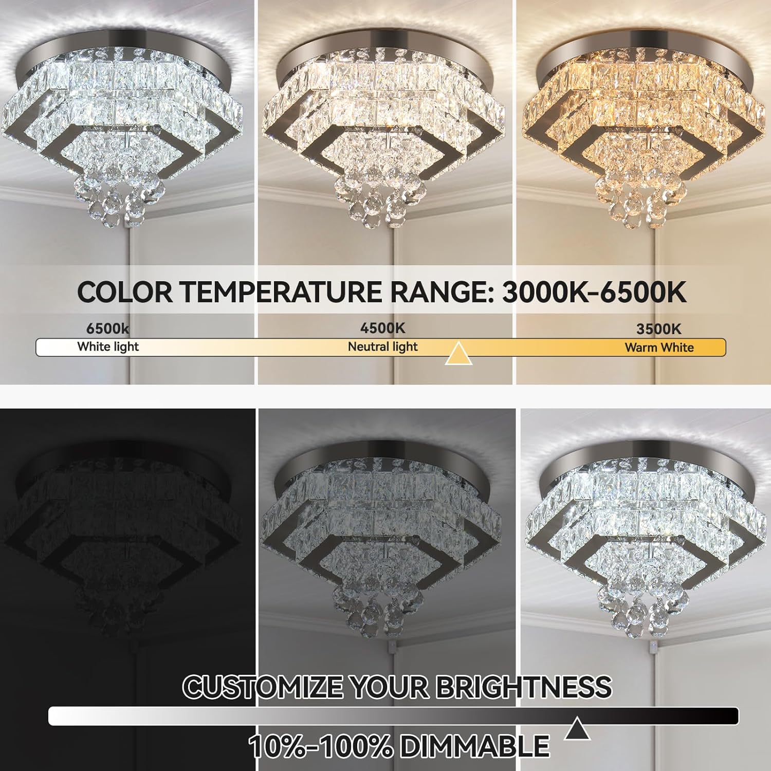 Finktonglan Moderna lámpara de techo LED de cristal regulable de 2 capas de montaje empotrado, lámpara de techo de acero inoxidable para sala de