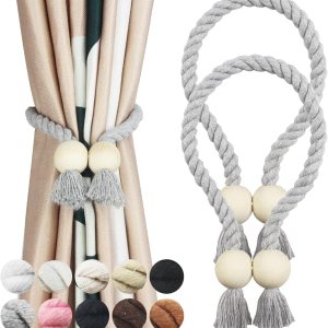 Paquete de 2 alzapaños magnéticos grises de algodón tejido a mano para cortinas con hebilla de madera, no requiere herramientas Paquete de 2 alzapaños magnéticos grises de algodón tejido a mano para cortinas con hebilla de madera, no requiere herramientas