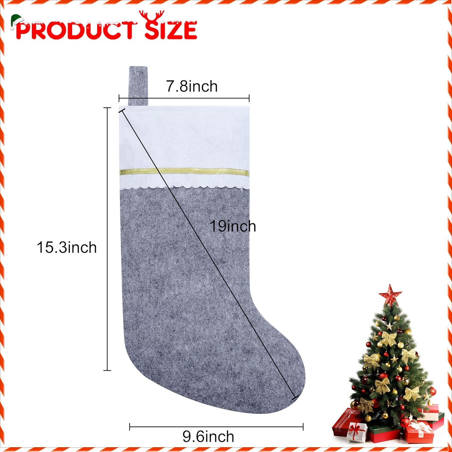 Paquete de 12 medias de Navidad de fieltro gris y blanco, puño blanco de 19 pulgadas con ribete dorado, medias de Navidad para decoración de Navidad