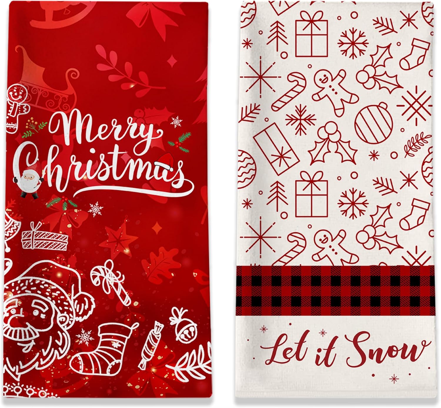 Juego de 2 toallas de cocina de Navidad, diseño de muñeco de nieve con texto en inglés Let it Snow a cuadros, juego de 2 paños para la inauguración