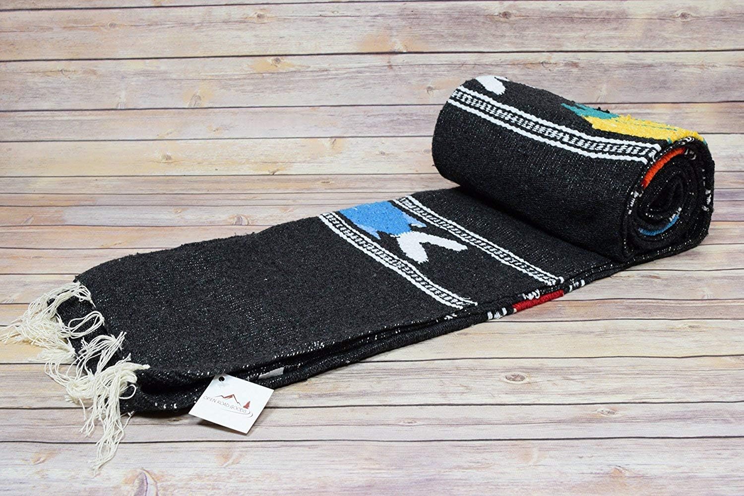Manta de yoga mexicana gruesa de carbónnegrogris, diseño de pez serape, hecha a mano