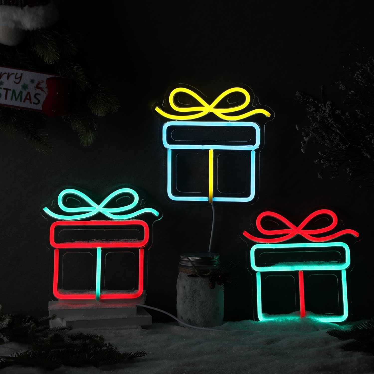 ROCEEI 3 letreros de neón de Navidad, caja de regalo de luces de neón de Navidad, luces LED de neón, barra de pared USB, decoración de sala de estar