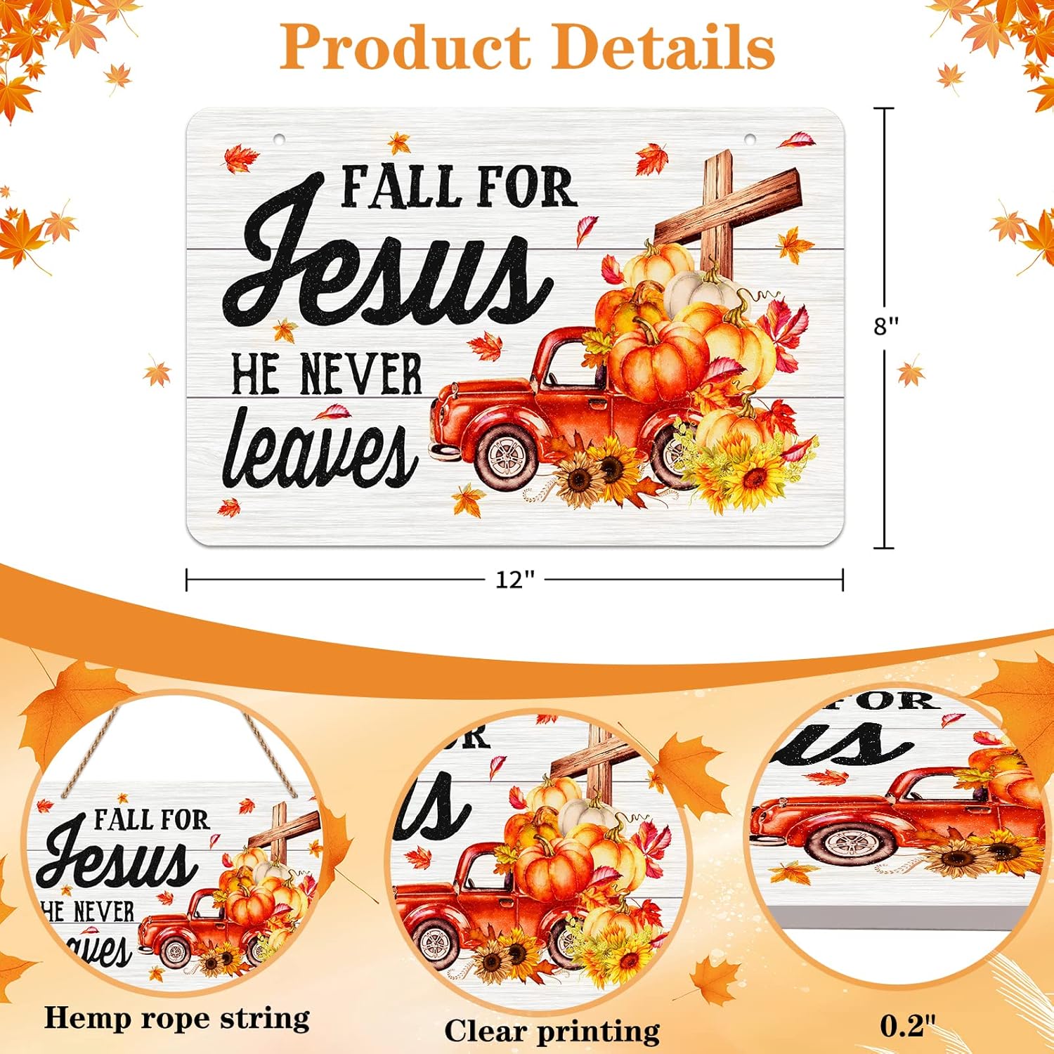 WhatSign Letrero decorativo con texto en inglés “Fall for Jesus He Never Lees” para el hogar, hojas de arce cristianas, calabaza, Jesús, decoración