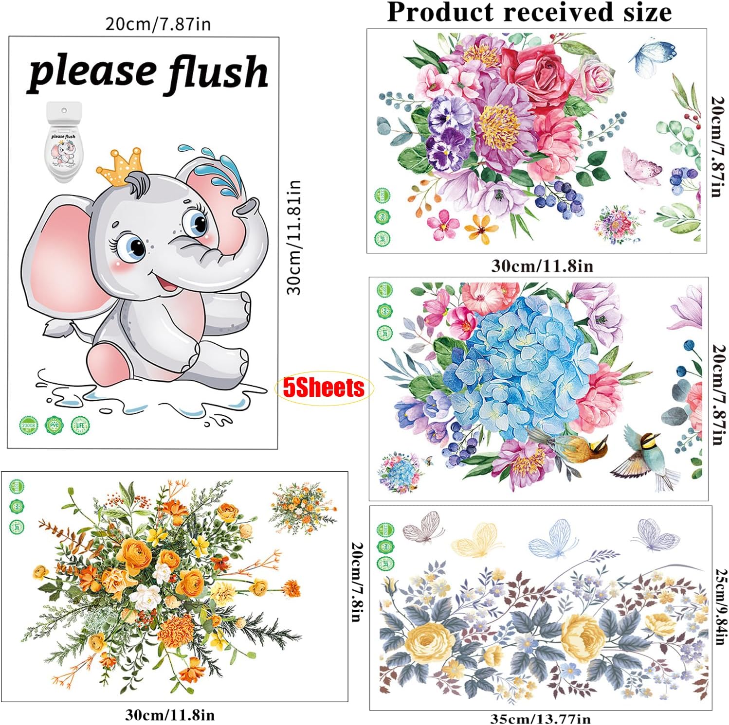 WBQMUNY 5 hojas de calcomanías de pared para asiento de inodoro de baño, diseño floral autoadhesivo, para tapa de inodoro, ramo de acuarela