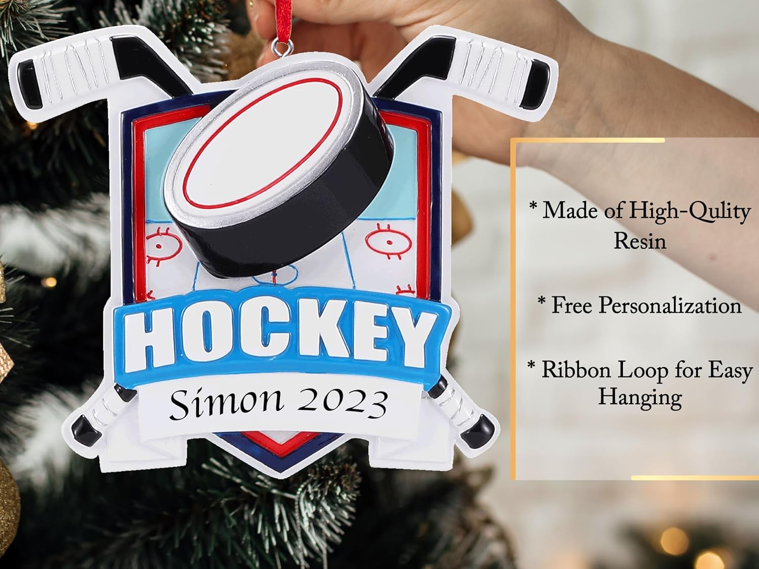 Adorno de Navidad personalizado de hockey sobre hielo 2023  Palos de hockey y disco de decoración del árbol de Navidad para niños y niñas  Regalo de