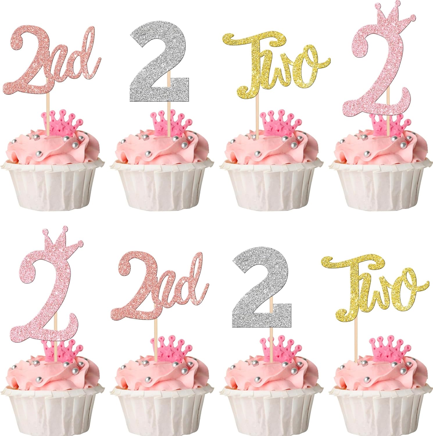 24 piezas de dos adornos para cupcakes con purpurina, dos púas para cupcakes de 2 cumpleaños, número 2, dos palillos para pasteles para baby shower,