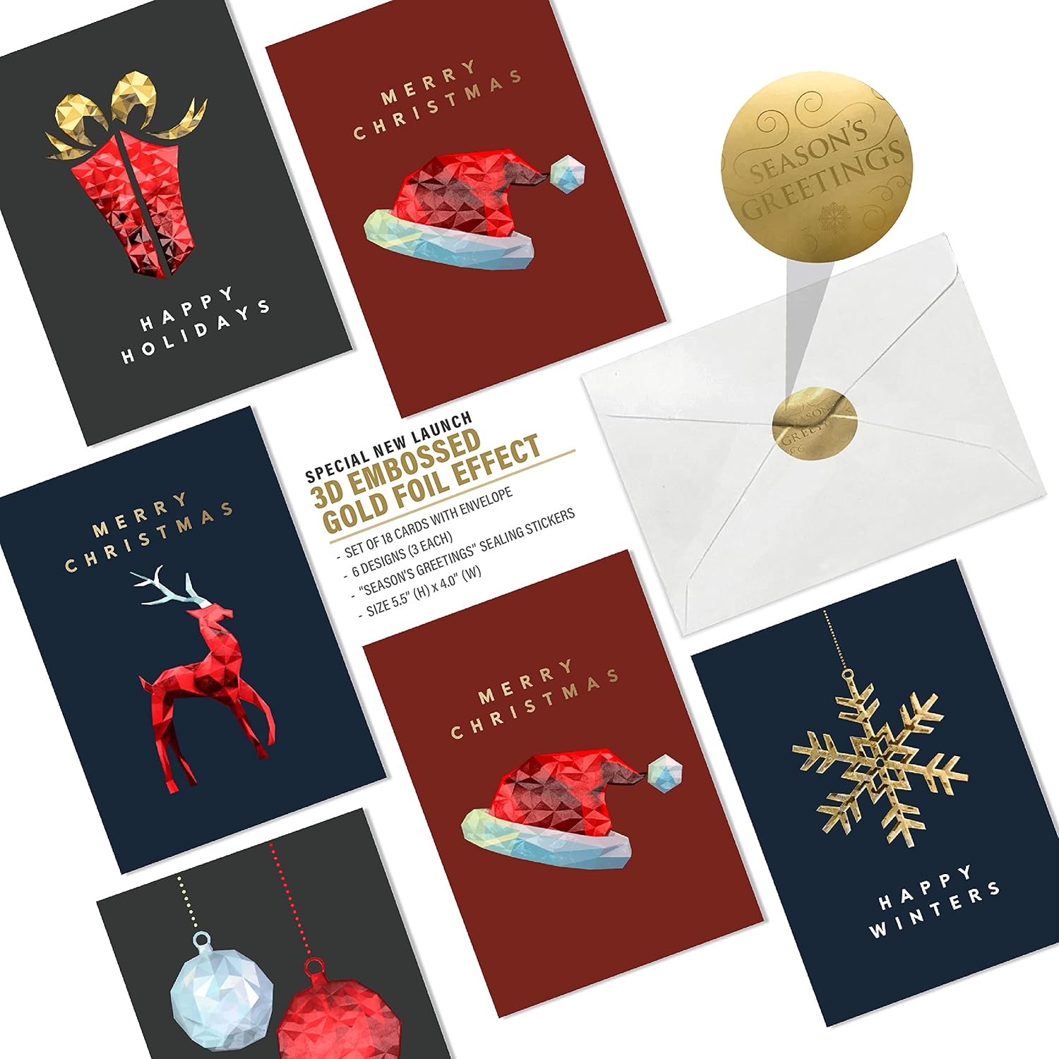 easykart labels Surtido de 18 tarjetas de felicitación navideñas con sobres, lámina dorada con diseño de efecto de relieve 3D, tamaño de 5.5 x 4