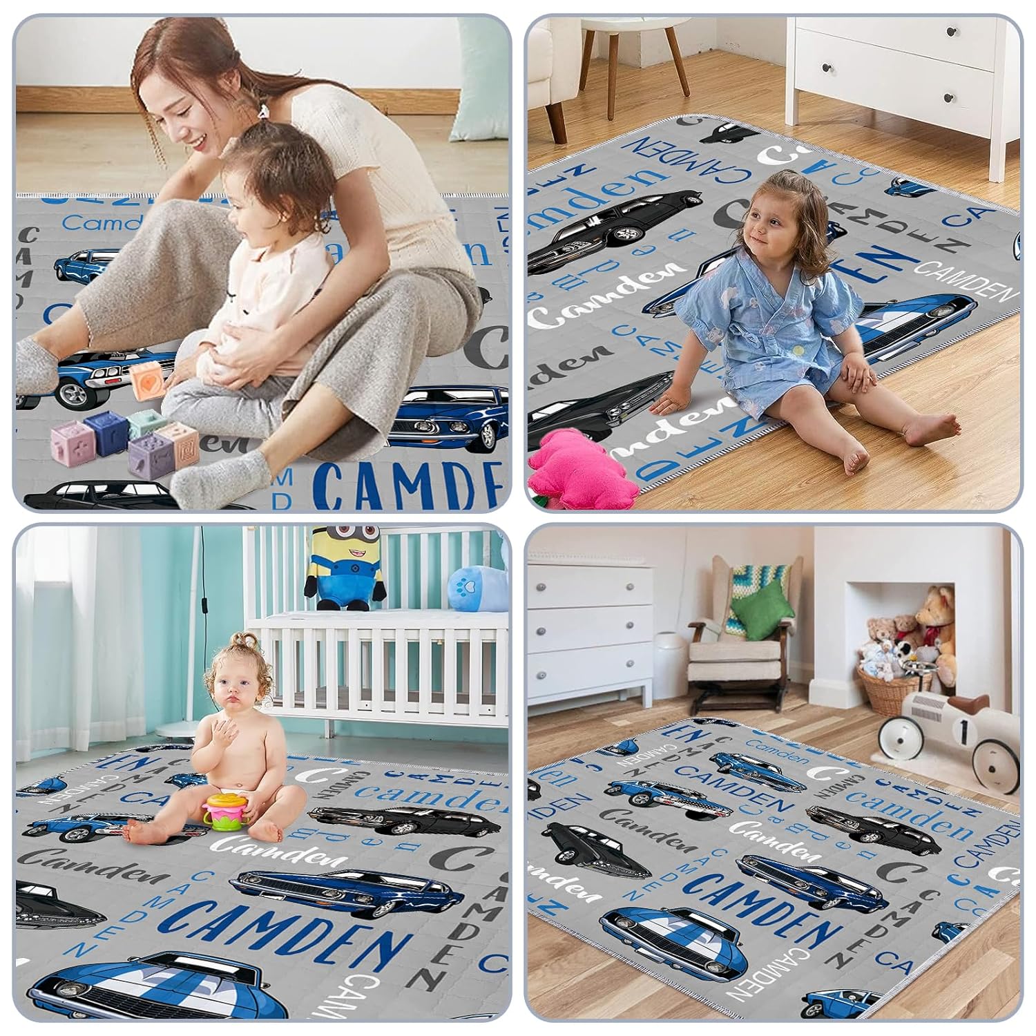 Tapete personalizado para gatear bebé, tapete de juego de automóvil para niños pequeños  43 x 43 pulgadas con nombre personalizado