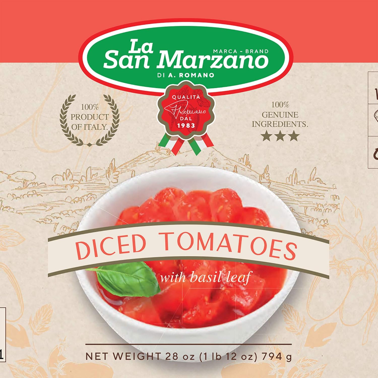 Tomates italianos enlatados en cubitos con hoja de albahaca La San Marzano 100% producto de Italia lata de 28 onzas  Ingredientes 100% genuinos con