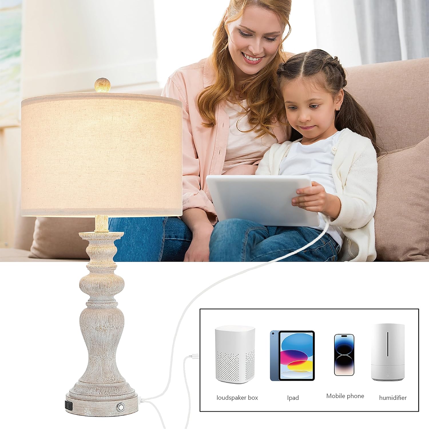 Juego de 2 lámparas de mesa de resina de 25.25 pulgadas con control táctil rústico con puertos USB y salidas de CA, acabado desgastado (bombillas