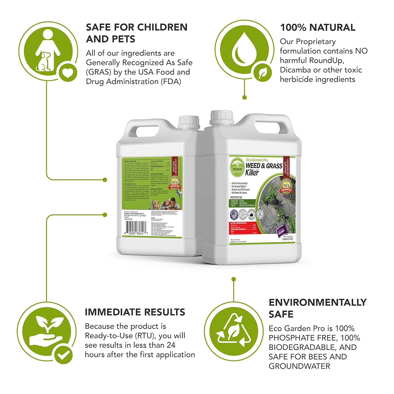 ECO Garden PRO Eliminador de malas hierbas de vinagre orgánico, seguro para niños y mascotas, mata tréboles para césped, mata musgo, hierba verde y