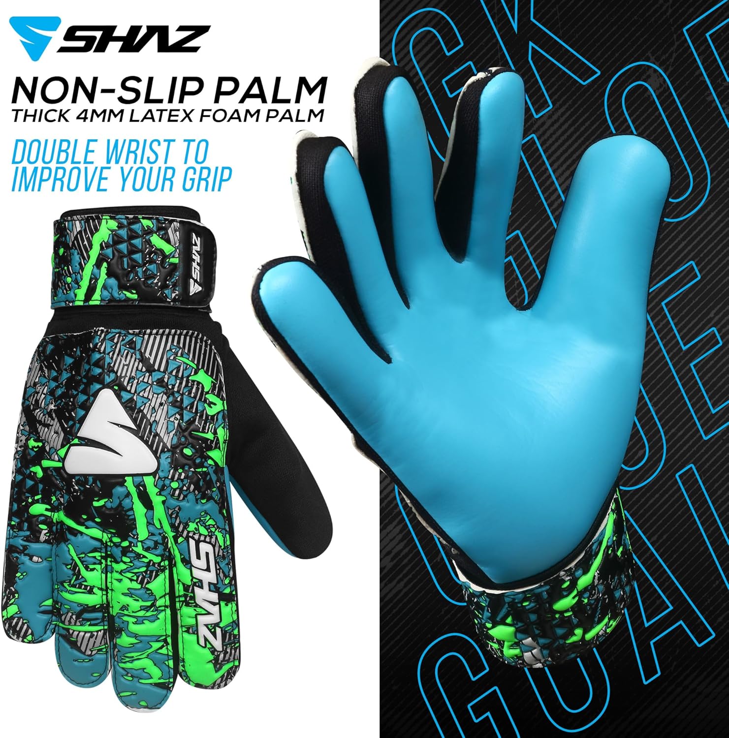 Shaz Guantes de portero de fútbol para niños y jóvenes, guantes de portero de fútbol Funky antideslizantes de 0.157 in con palma de látex con agarre