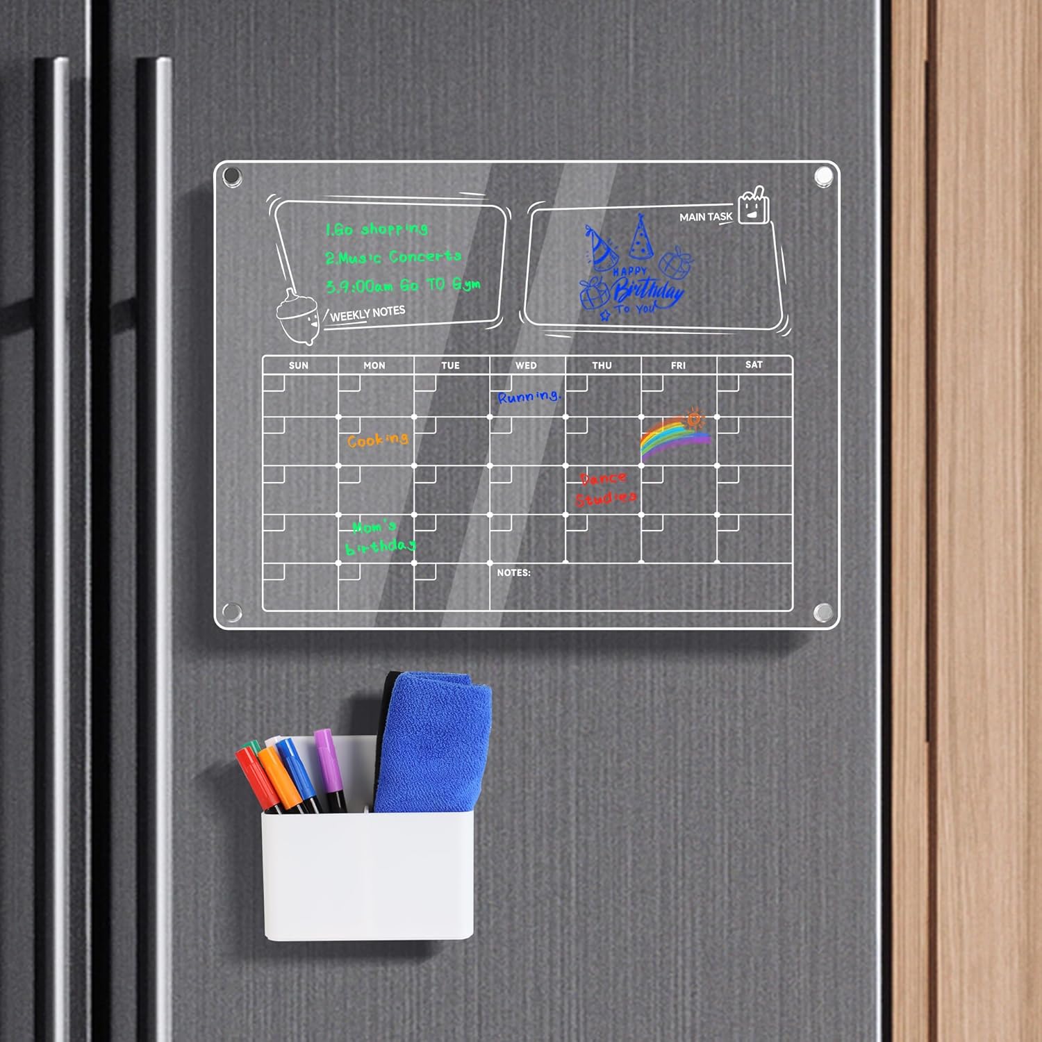 Calendario magnético acrílico de borrado en seco para refrigerador, pizarra magnética reutilizable de planificación semanal y mensual, incluye 6