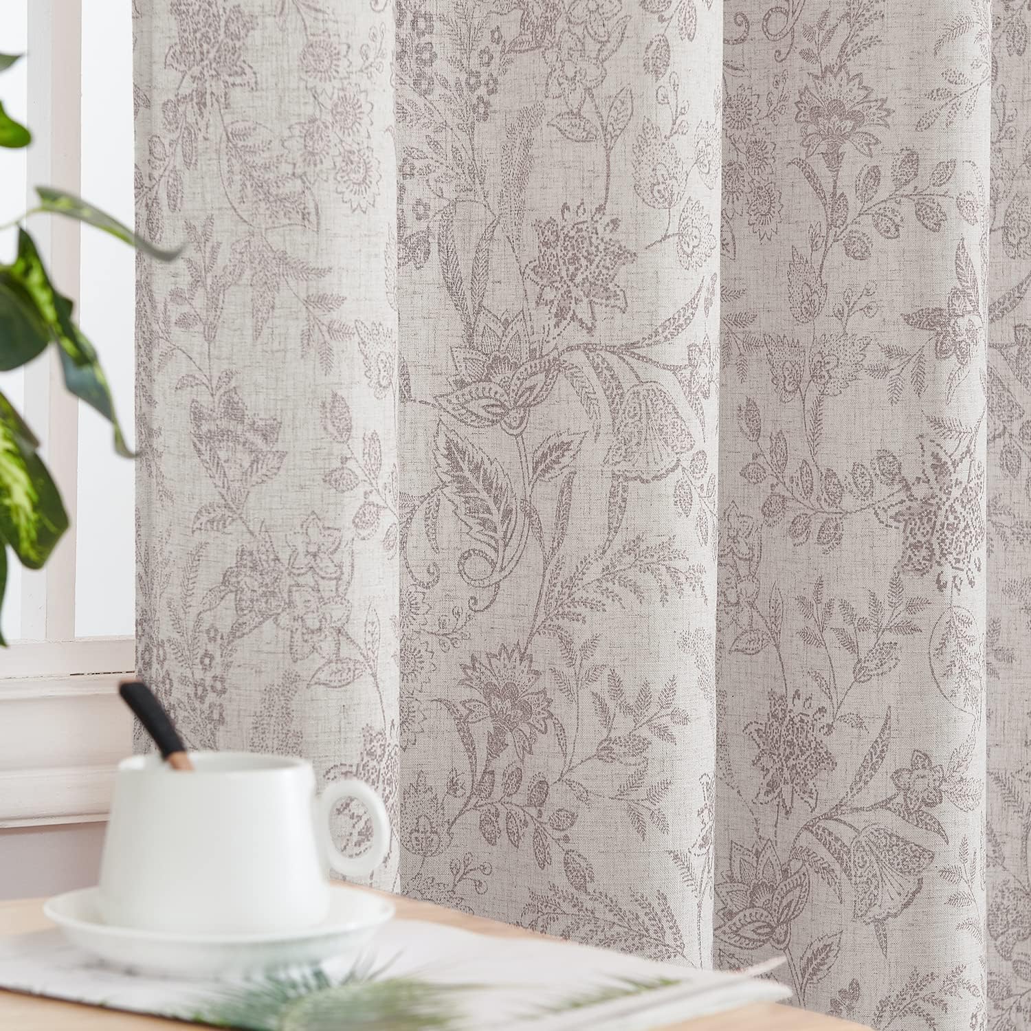 Lazzzy Cortinas de lino con estampado floral gris de 96 pulgadas de largo, cortinas con pestaña trasera para sala de estar y dormitorio, cortinas