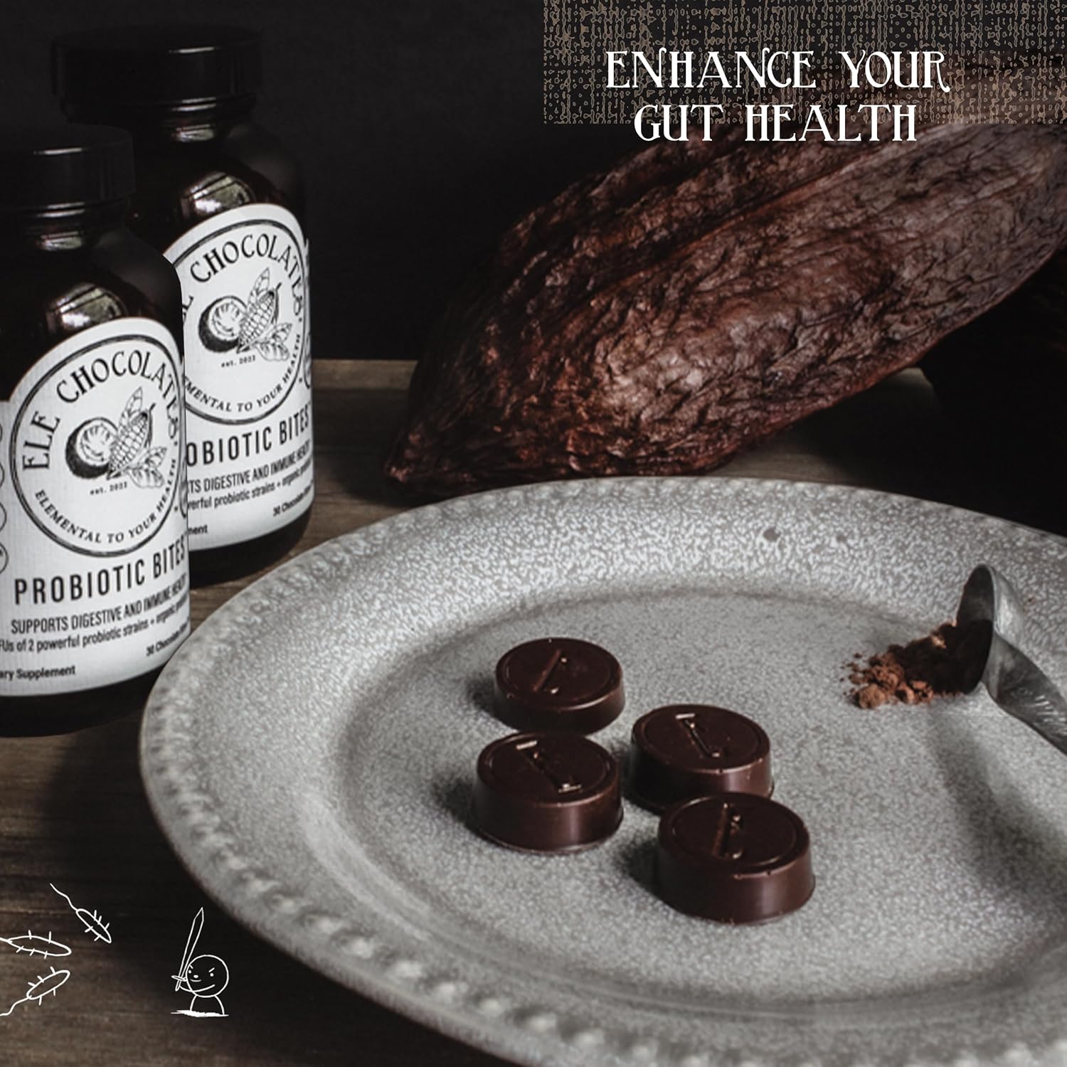 Ele Chocolates Suplemento probiótico diario de chocolate negro muerde 3 mil millones de UFC para la salud intestinal digestiva, apoyo inmunológico