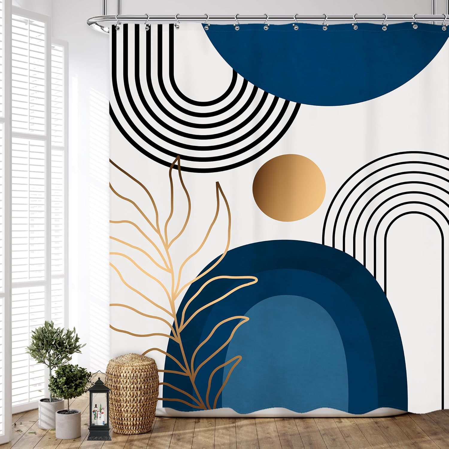 Cortina de ducha bohemia moderna de mediados de siglo, 60 pulgadas de ancho x 72 pulgadas de largo, diseño abstracto azul marino, arco iris, hojas