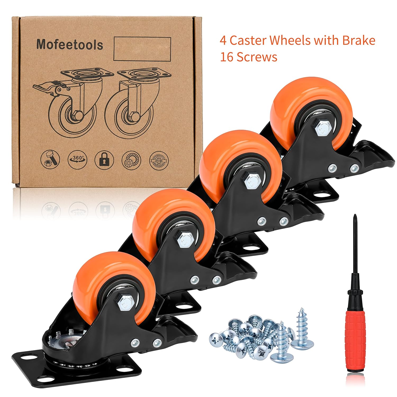 Ruedas giratorias de 2 pulgadas con carga de 600 libras, ruedas de poliuretano naranja, ruedas giratorias de placa superior, juego de 4 ruedas de