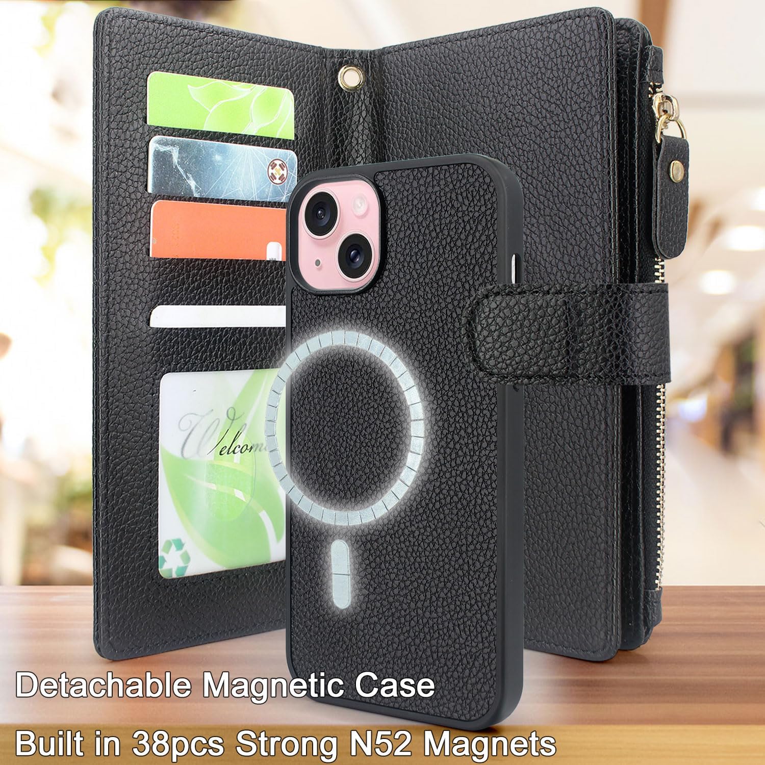 Harryshell Funda magnética desmontable para iPhone 151413 compatible con MagSafe de carga inalámbrica, múltiples ranuras para tarjetas, funda