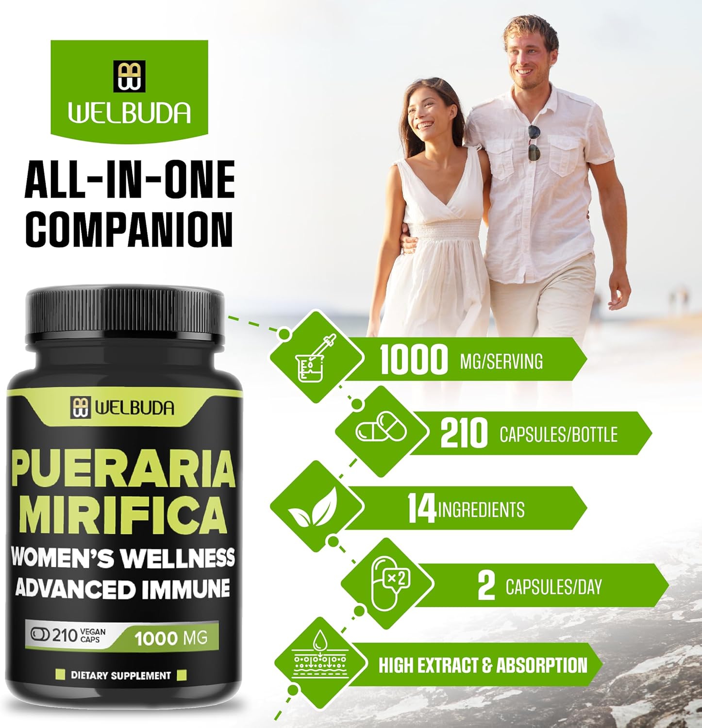Cápsulas Pueraria Mirifica de 1000 mg con raíz de maca, raíz de Tongkat Ali, saúco, equinácea y más, apoya el bienestar de las mujeres de forma
