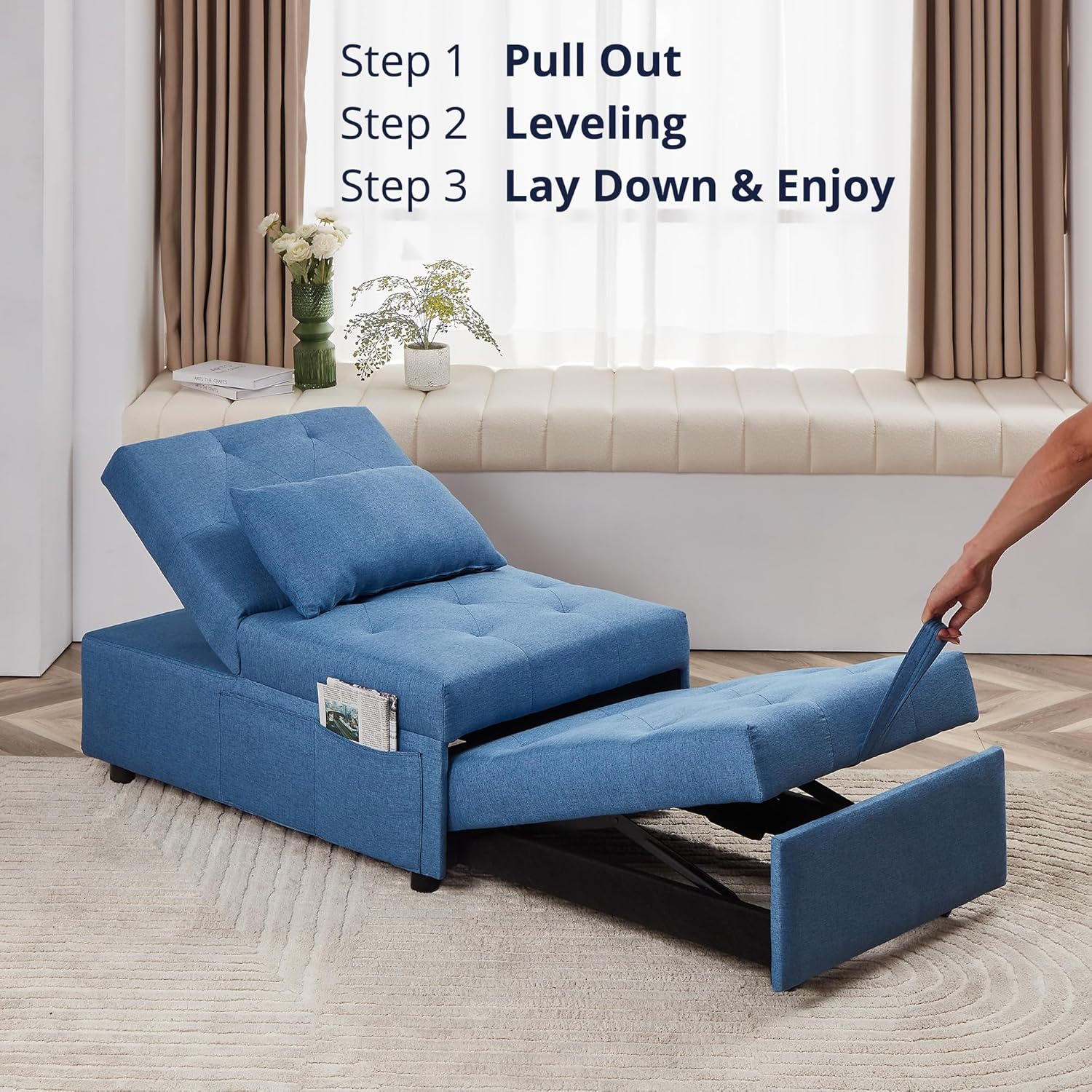 Cozy Castle Cama de silla, silla de cama extraíble, cama otomana 3 en 1, futón convertible, tumbona de lino duradero, sofá cama para sala de estar,