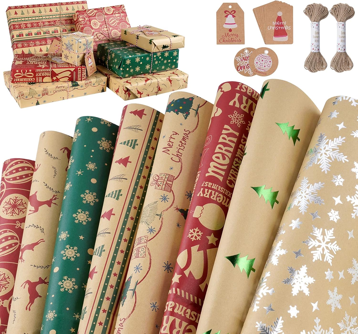 ilauke – Papel de regalo de Navidad, 8 hojas de papel de regalo de alta calidad, papel de regalo marrón reciclable con etiquetas de Navidad, papeles