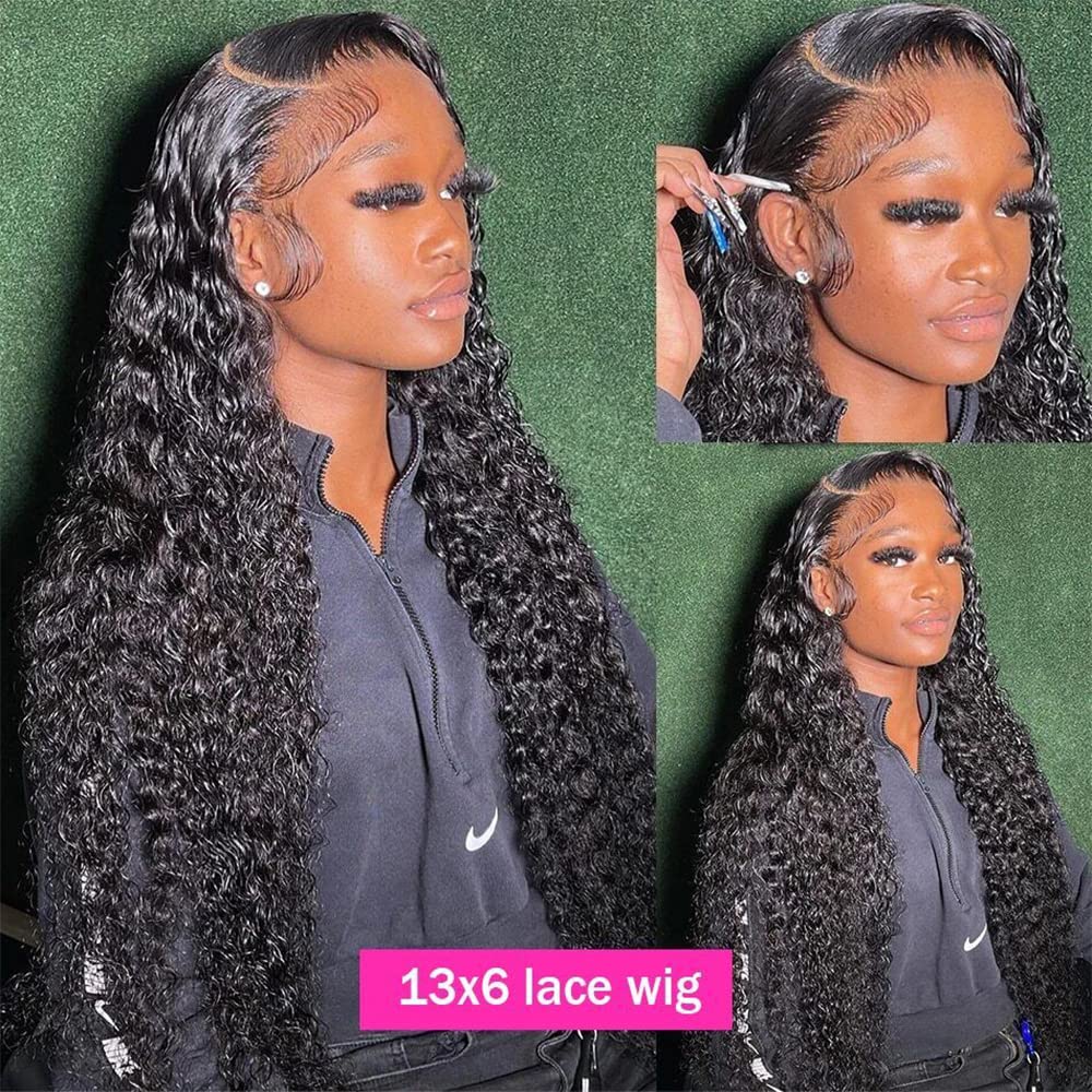 Maxine Peluca de cabello humano con encaje frontal HD de 13 x 6 pulgadas, densidad del 250 %, 10A, con abuelitos, ondulado profundo, transparente,