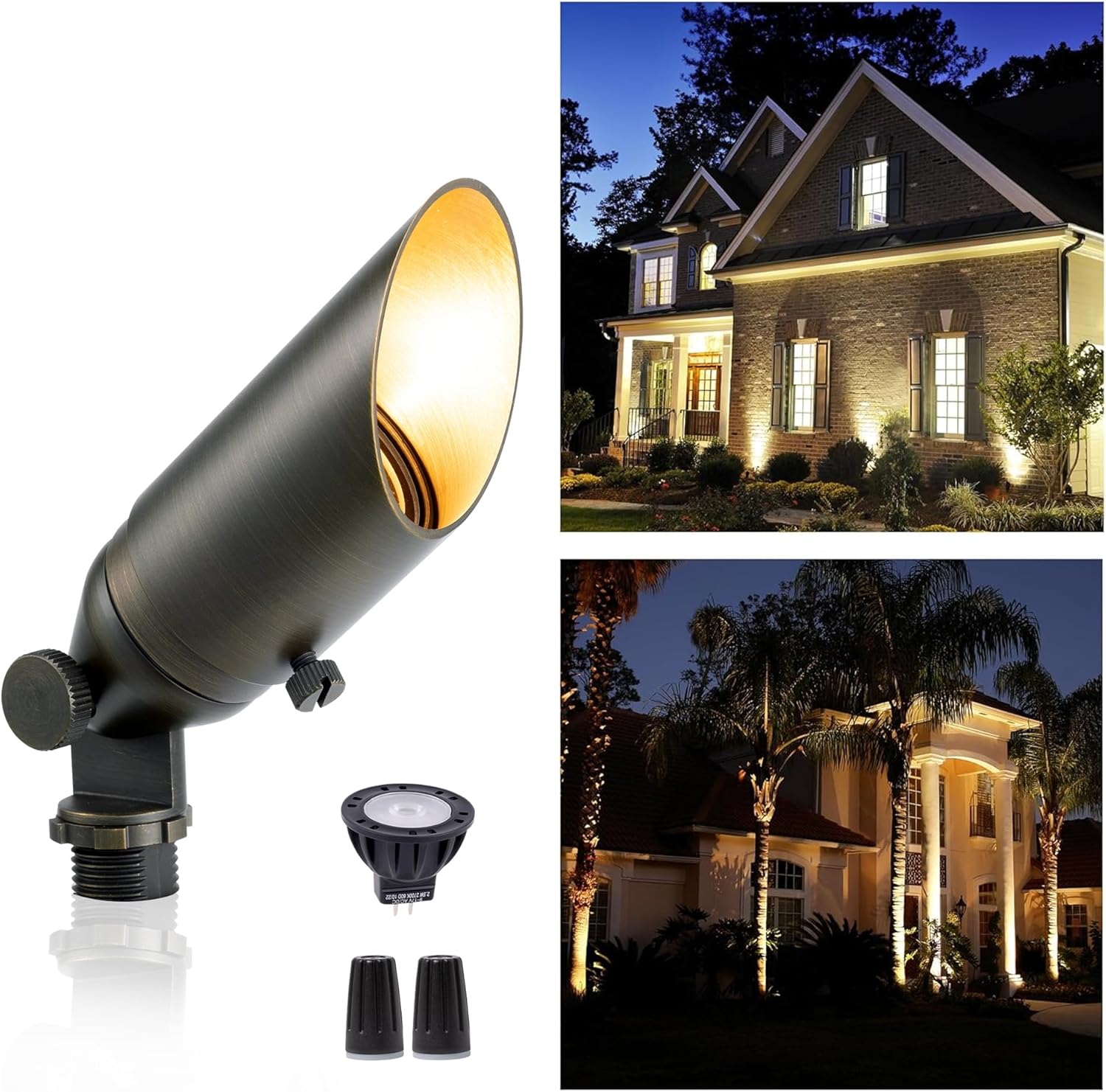 Gardenreet Luces LED de latón para paisaje, impermeables, para exteriores, 12 V, focos de bajo voltaje para paredes, árboles, banderas con estaca de