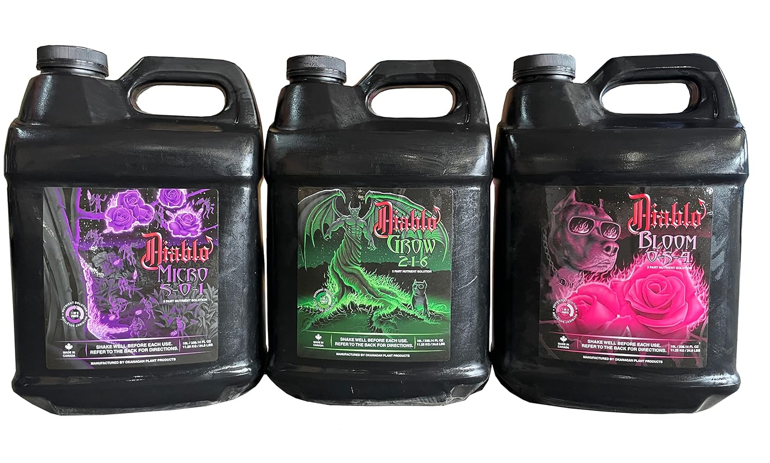 Diablo Nutrients Micro, Grow and Bloom – Botellas de 10 litros – 1 de cada uno