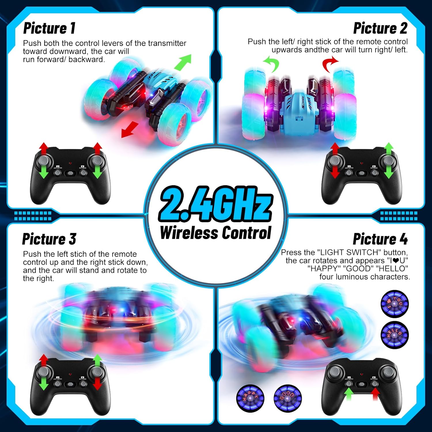 Coche de control remoto, autos de acrobacias RC de 2.4 GHz con faros, luces de rueda, camión de control remoto recargable todoterreno 4WD, juguetes