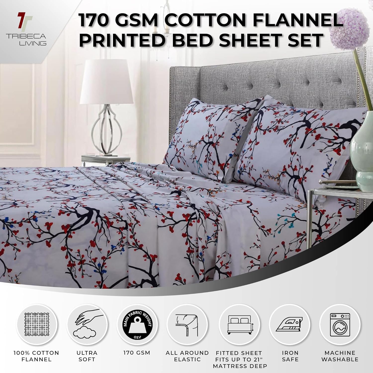 Tribeca Living Emilia Tree – Juego de sábanas de franela de bolsillo extra profundo de 170 GSM, tamaño matrimonial, rojo, (EMILIASHEFU)