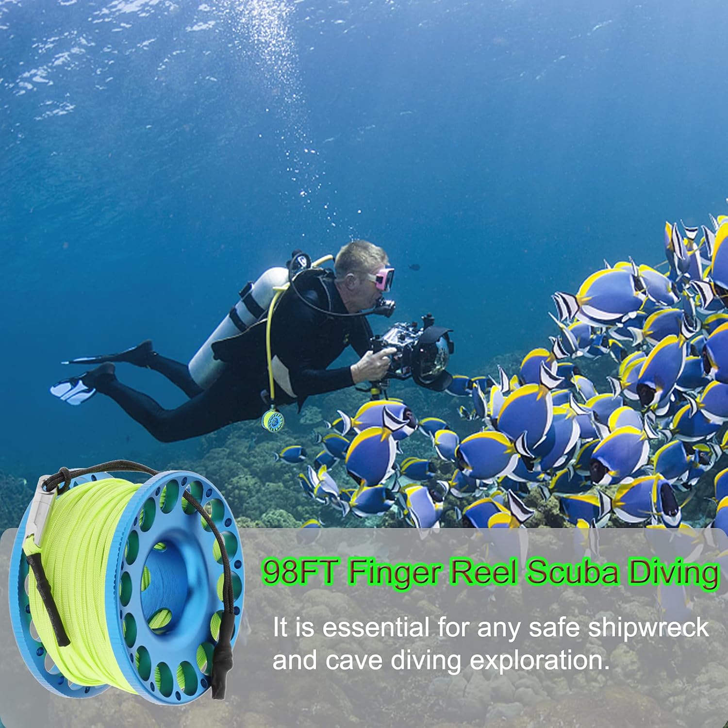 YUNNLEZT 98FT Finger Reel Scuba Diving, Aluminum Lightweight Scuba Finger Spool Reel with Double-Ended Bolt Snap Clip for Snorkeling Scuba Diving