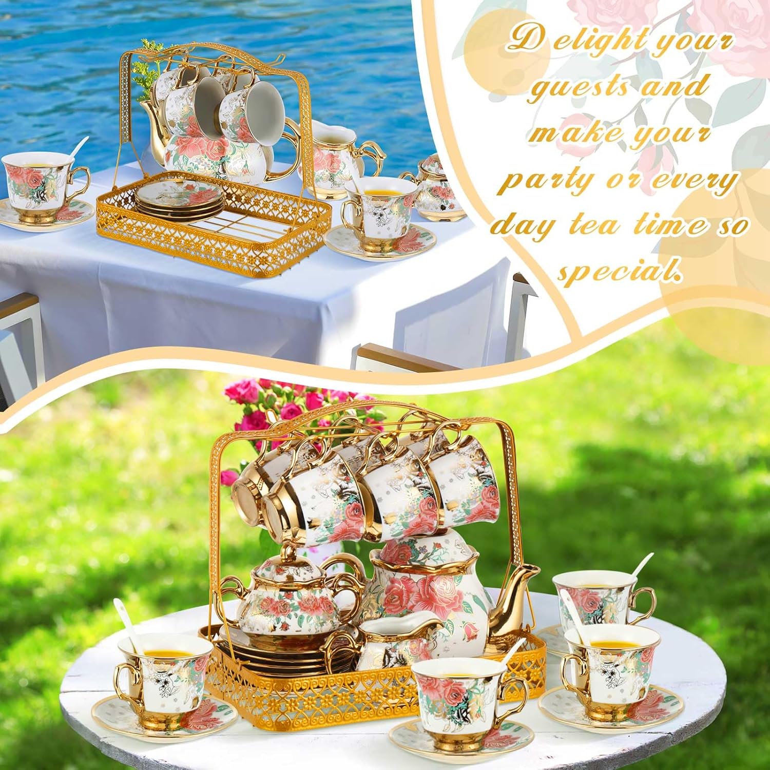 Juego de té de porcelana de Navidad para adultos, 22 piezas, regalo con soporte de metal, juego de té de cerámica europea, juego de té para adultos,