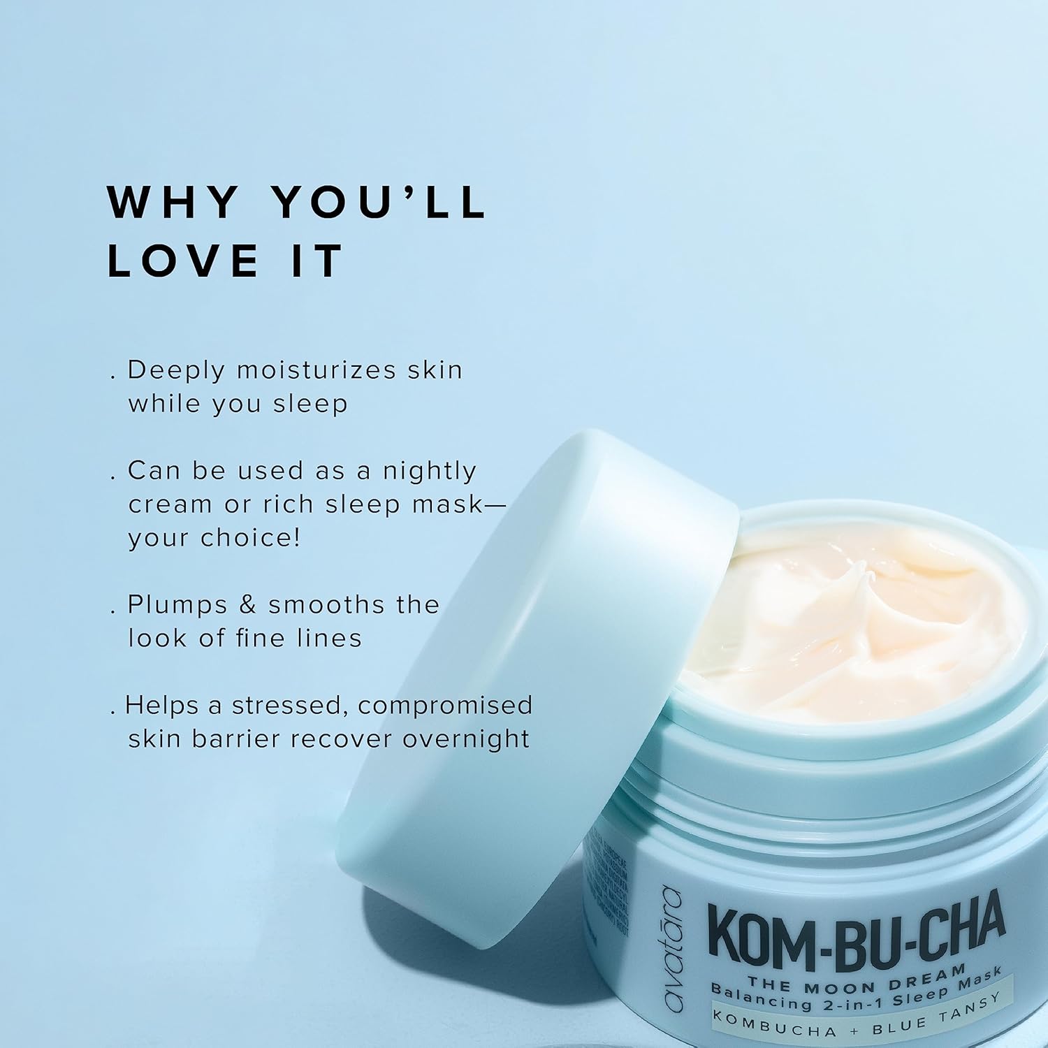 Avatara – Kombucha The Moon Dream – Recambio de crema de noche, hidratante facial equilibrante con niacinamida, aceite de tanaceto azul y vitamina