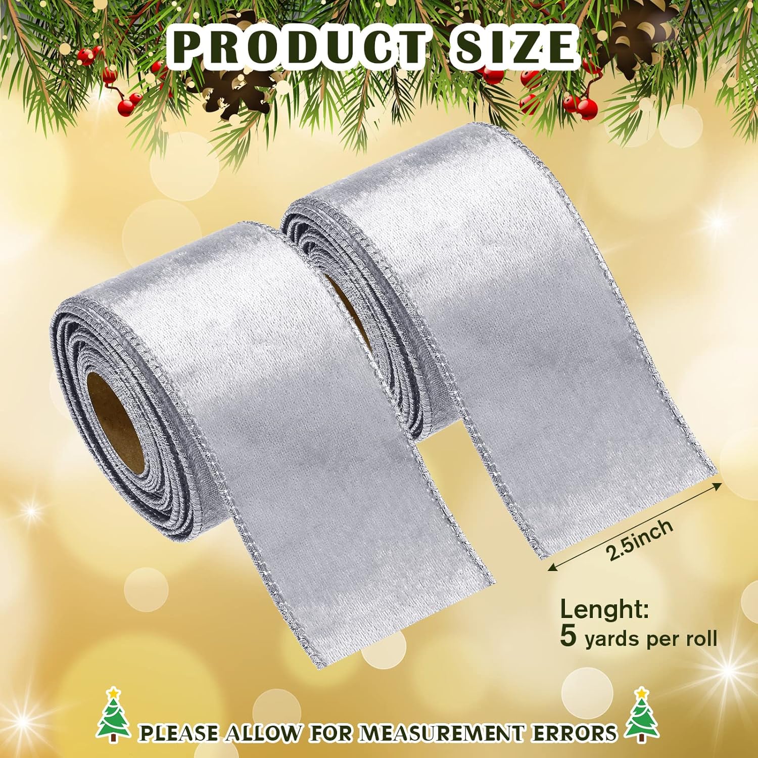 2 rollos de cinta de terciopelo de Navidad de 2.5 pulgadas, 10 yardas, de una sola cara, de terciopelo liso de Navidad para envolver regalos,