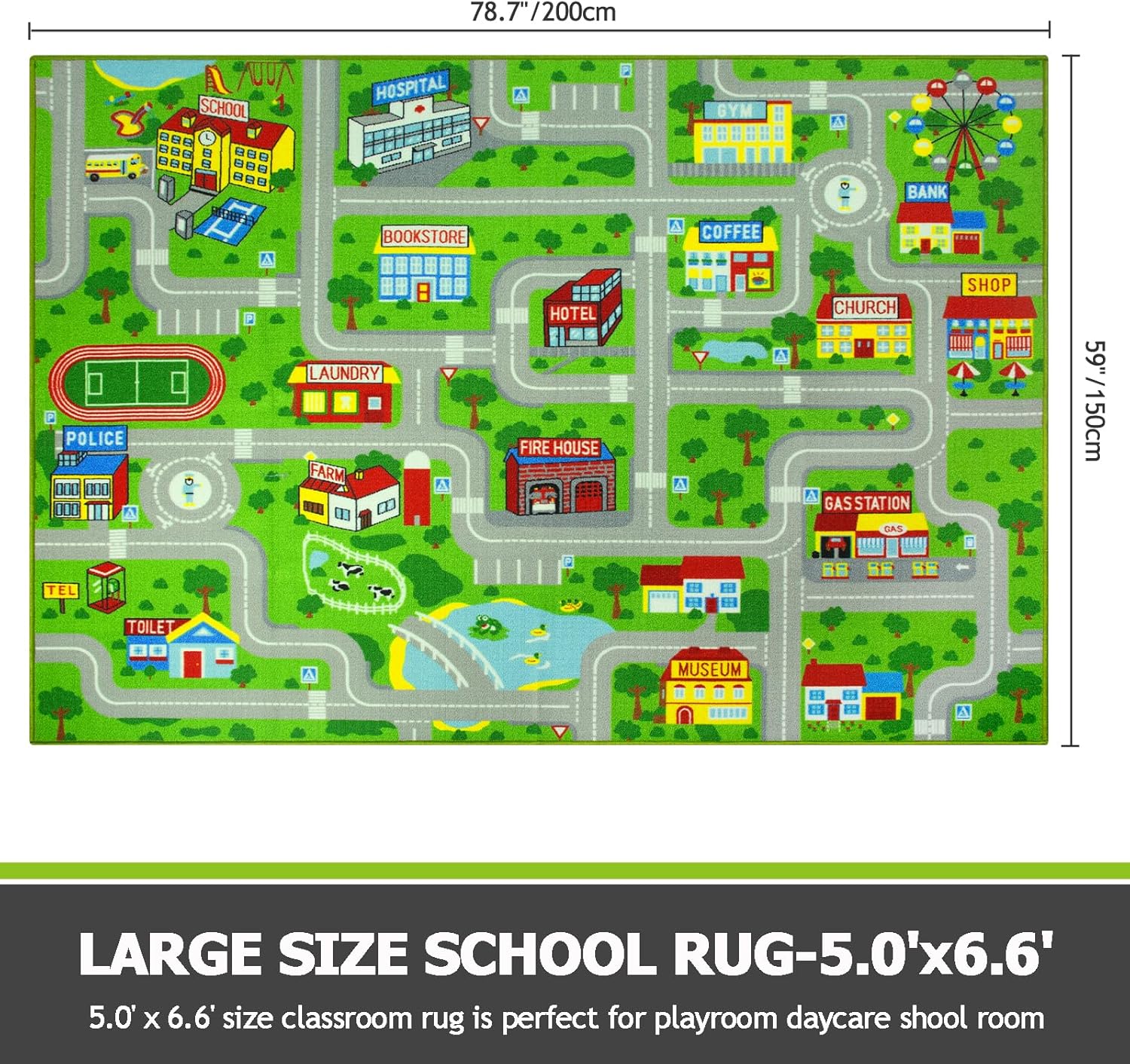 Capslpad Green Car Road Kid Rug Carpet Playmat for Playoom Traffic Road Kids Play Mat for Toddler Non Slip Washable City Map Race Track Carpet Rug