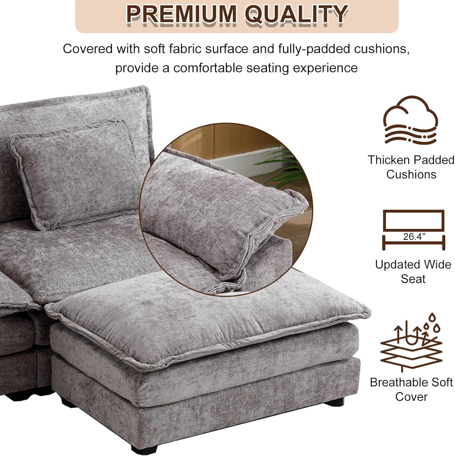 Cómodo sofá modular de felpilla de 85.4 pulgadas, cómodo sofá modular en forma de L para sala de estar, dormitorio, apartamento, oficina (gris claro)