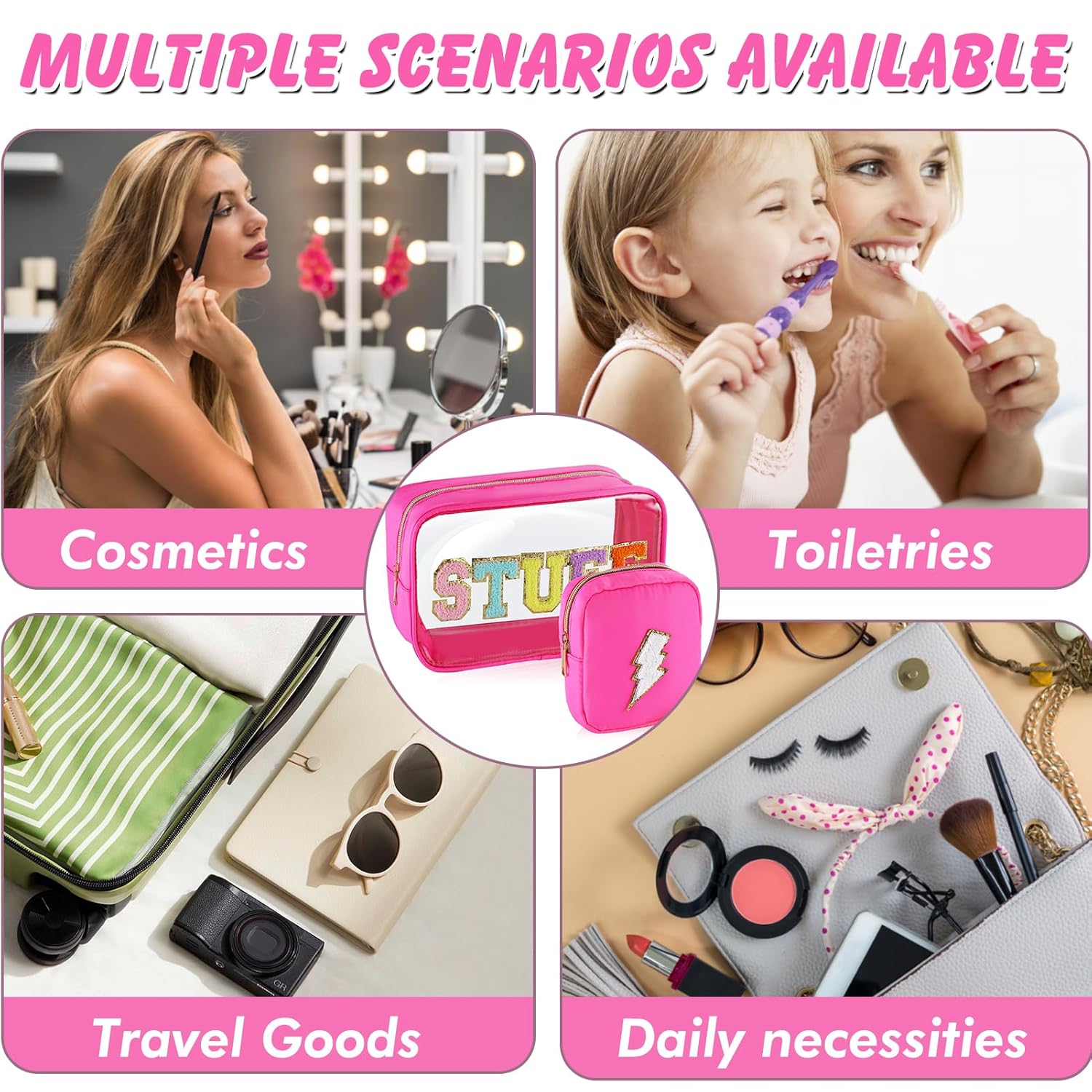 Juego de 2 bolsas de maquillaje transparentes y preppy, grandes, pequeñas, de viaje, con letras de chenilla, bolsa de cosméticos de nailon y PVC,