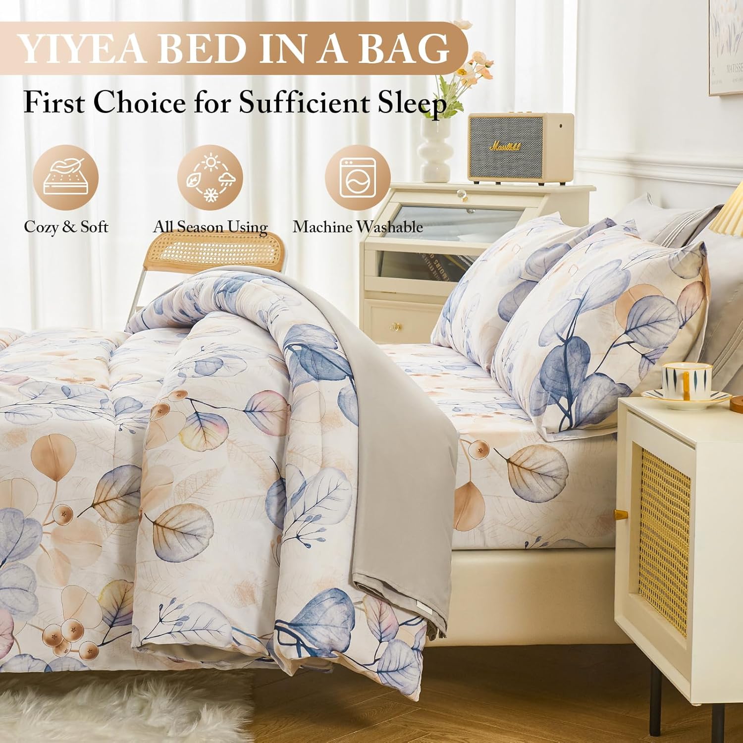 YIYEA Juego de edredón tamaño King  Estampado floral  7 piezas de cama en una bolsa  Juegos de ropa de cama para todas las estaciones con edredón,