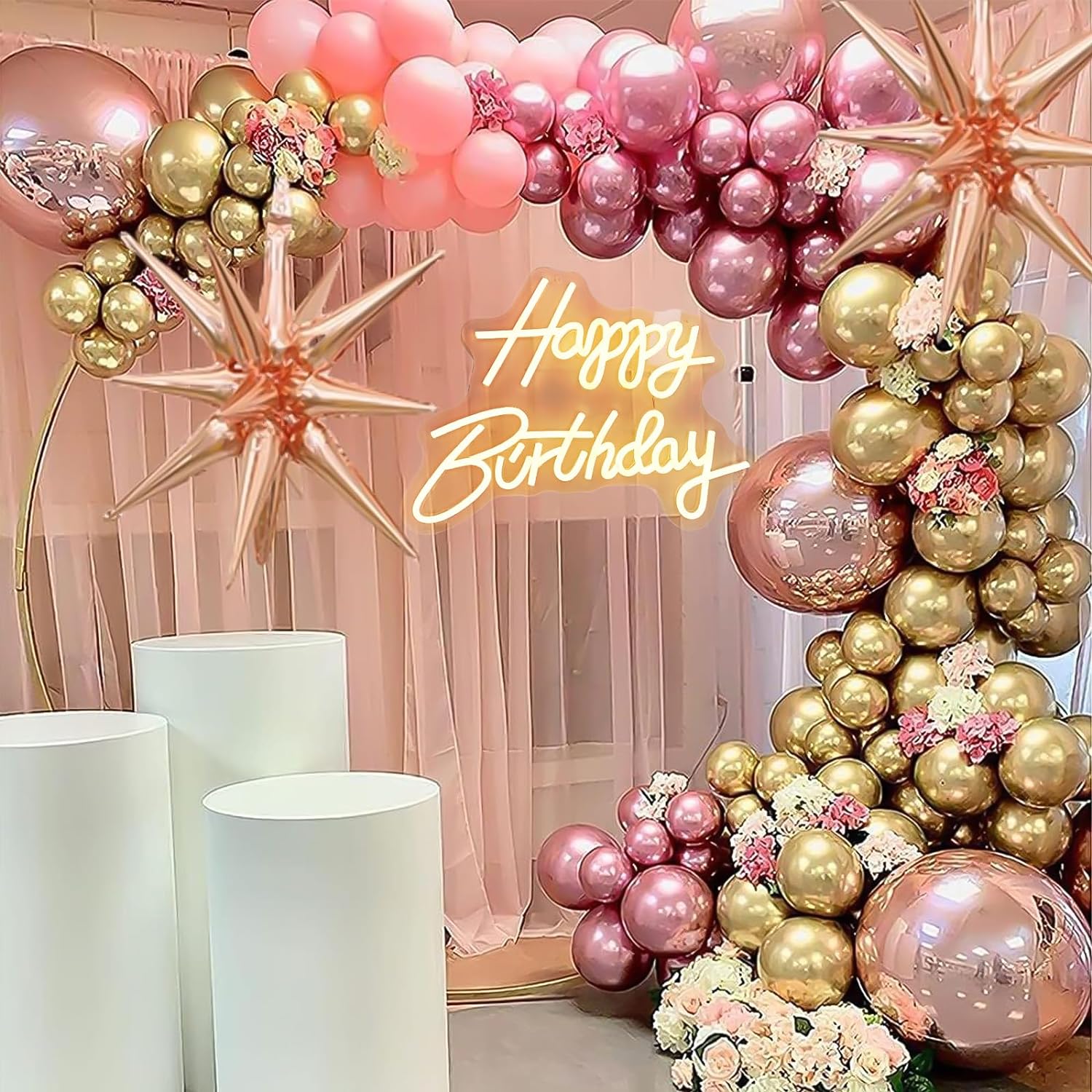 Letrero de neón con texto en inglés Happy Birthday, Happy Birthday de neón con texto en inglés Happy Birthday para telón de fondo, decoración de