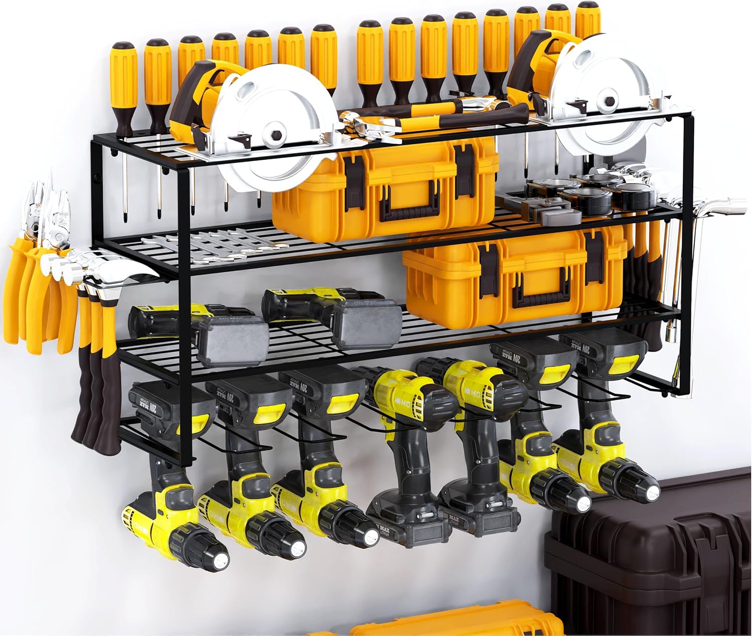 Organizador grande de herramientas eléctricas, soporte de pared con 4 capas, 7 soportes para taladros, estante organizador de herramientas de alta